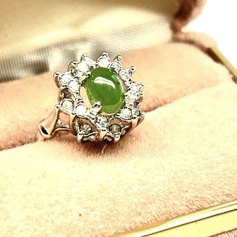 Vintage Silver Tone Jade Rhinestone Ring Size 6.25 Uncas